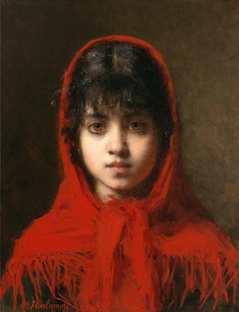 Portrait Oil Painting - Young Girl in a Red Shawl
